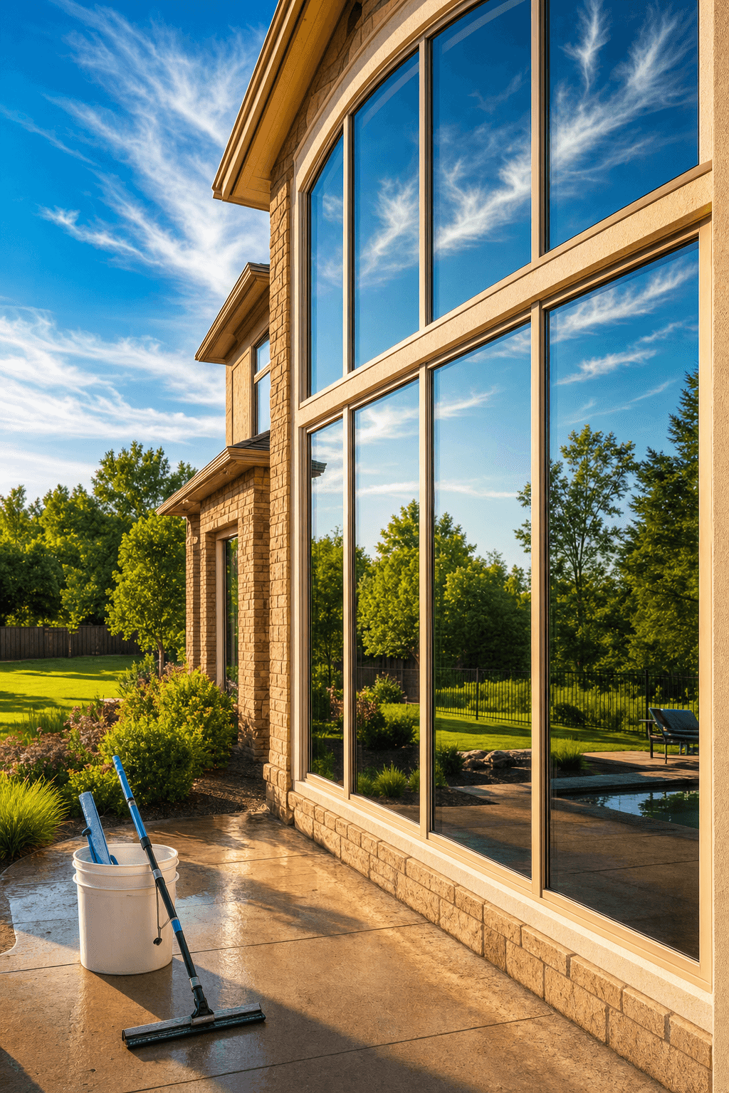 Bright suburban home in Edmond, Oklahoma with sparkling clean windows reflecting blue sky and green landscaping on a July afternoon. Professional window cleaning equipment visible nearby.