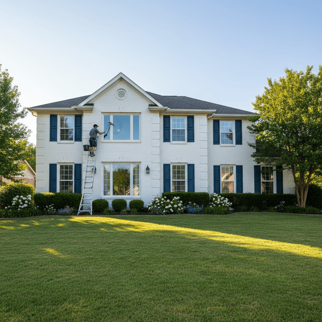 Residential window cleaning in Edmond, two-story home with cleaner on ladder