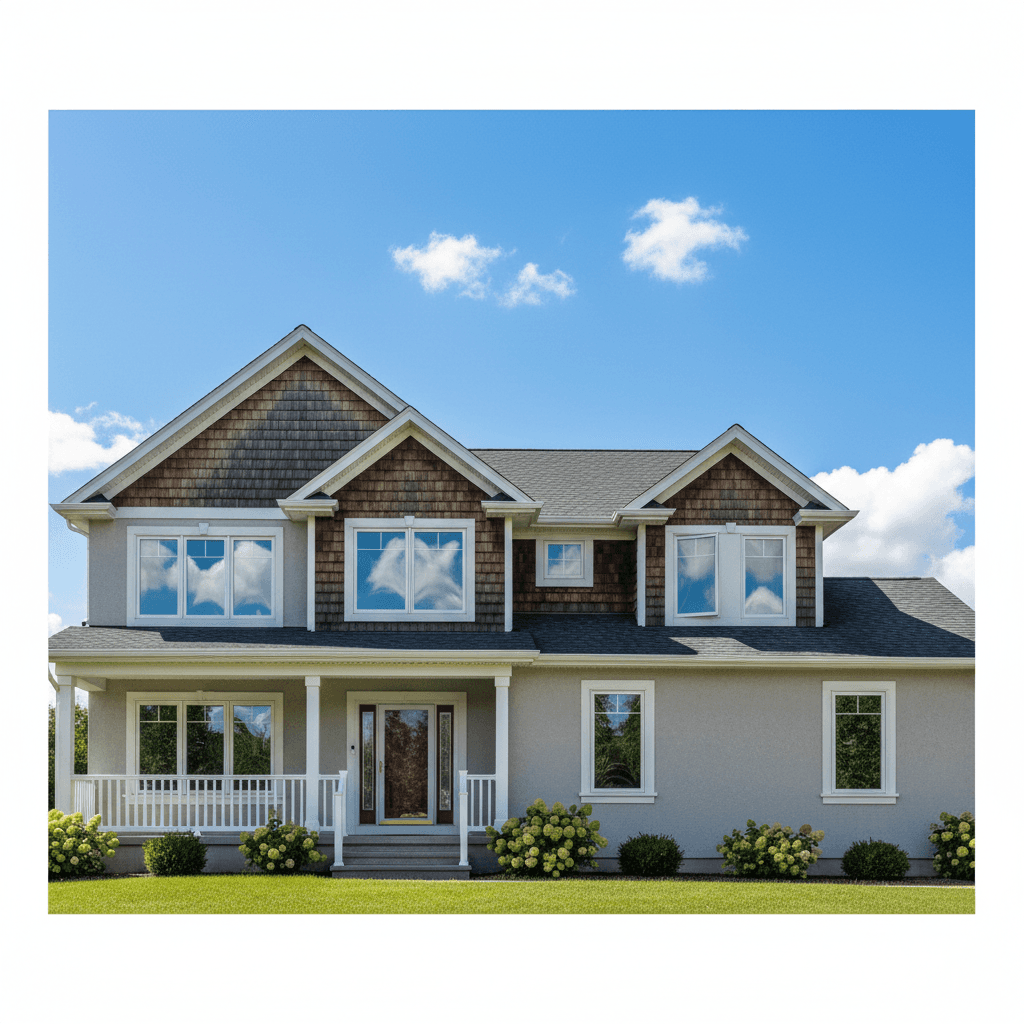 Two-story house exterior with clean windows reflecting the sky and clouds