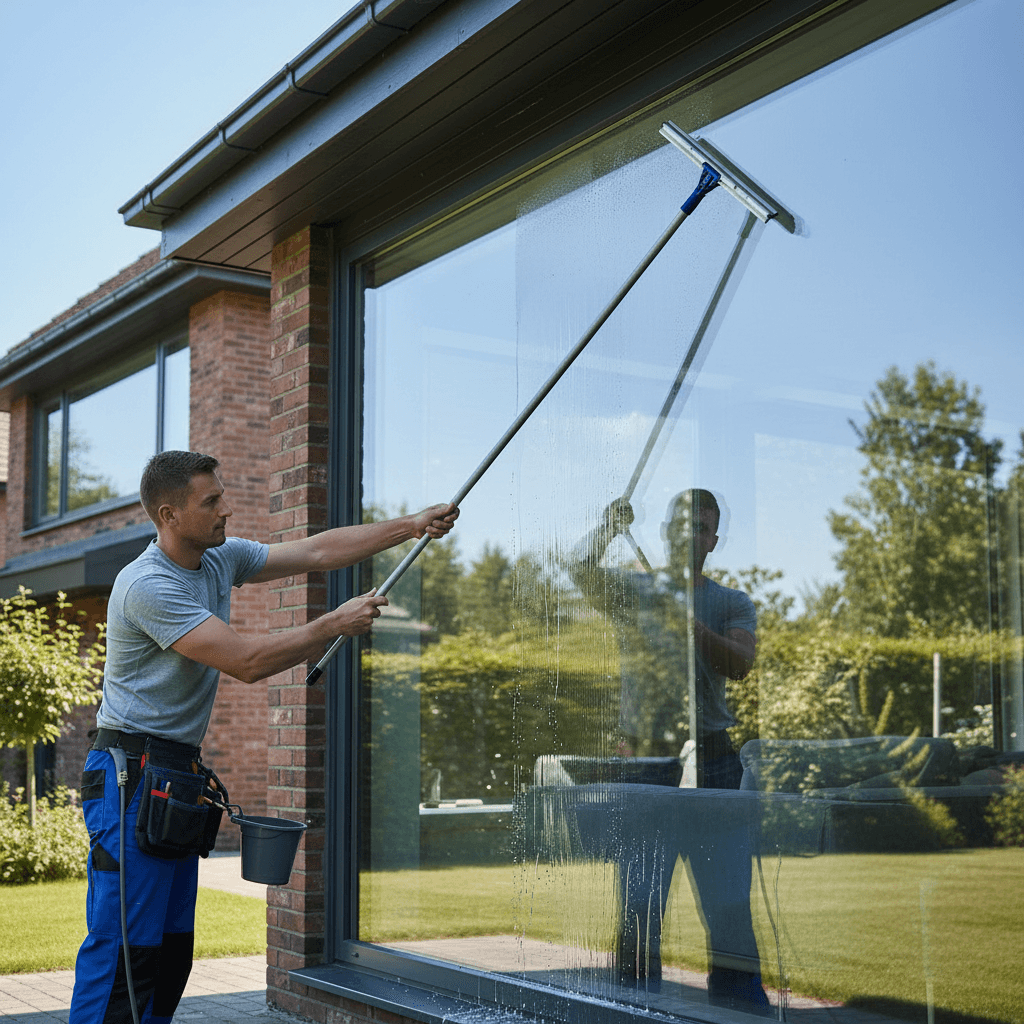 Window cleaner applying soap and squeegee on a large residential window