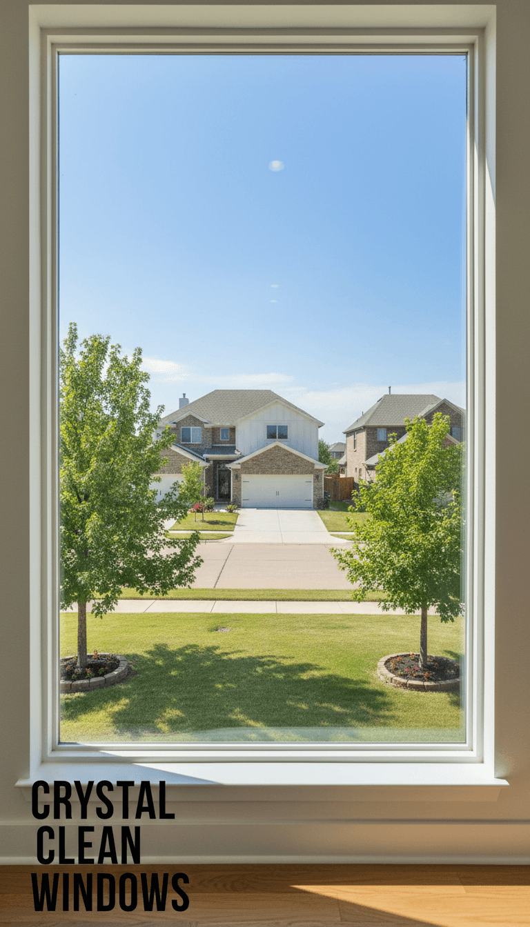 Crystal clear window with a view of a sunny, suburban neighborhood