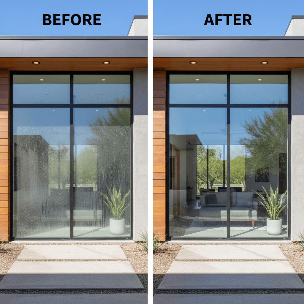 Side-by-side comparison of dirty and clean windows on a modern home