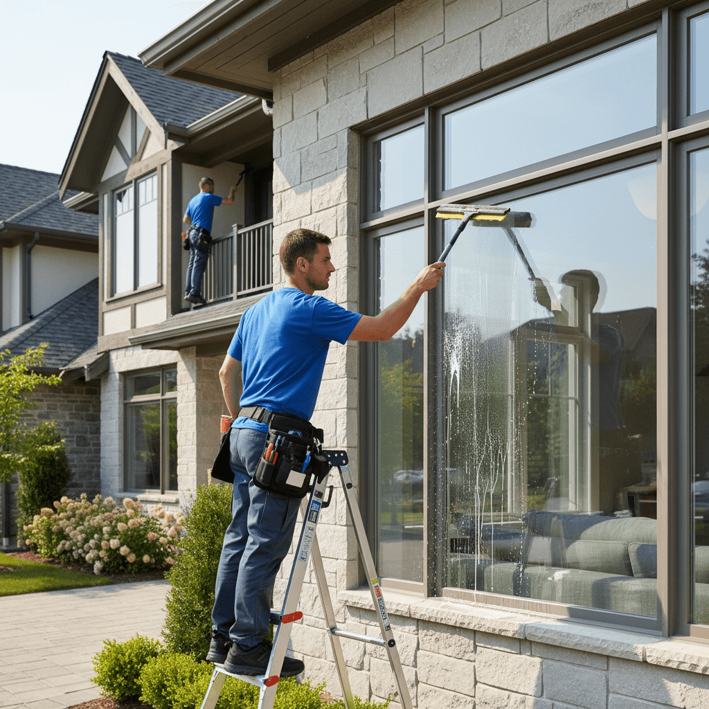 Professional window cleaner with squeegee on house