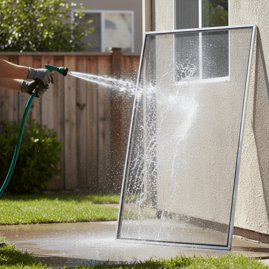 Rinsing window screen with hose