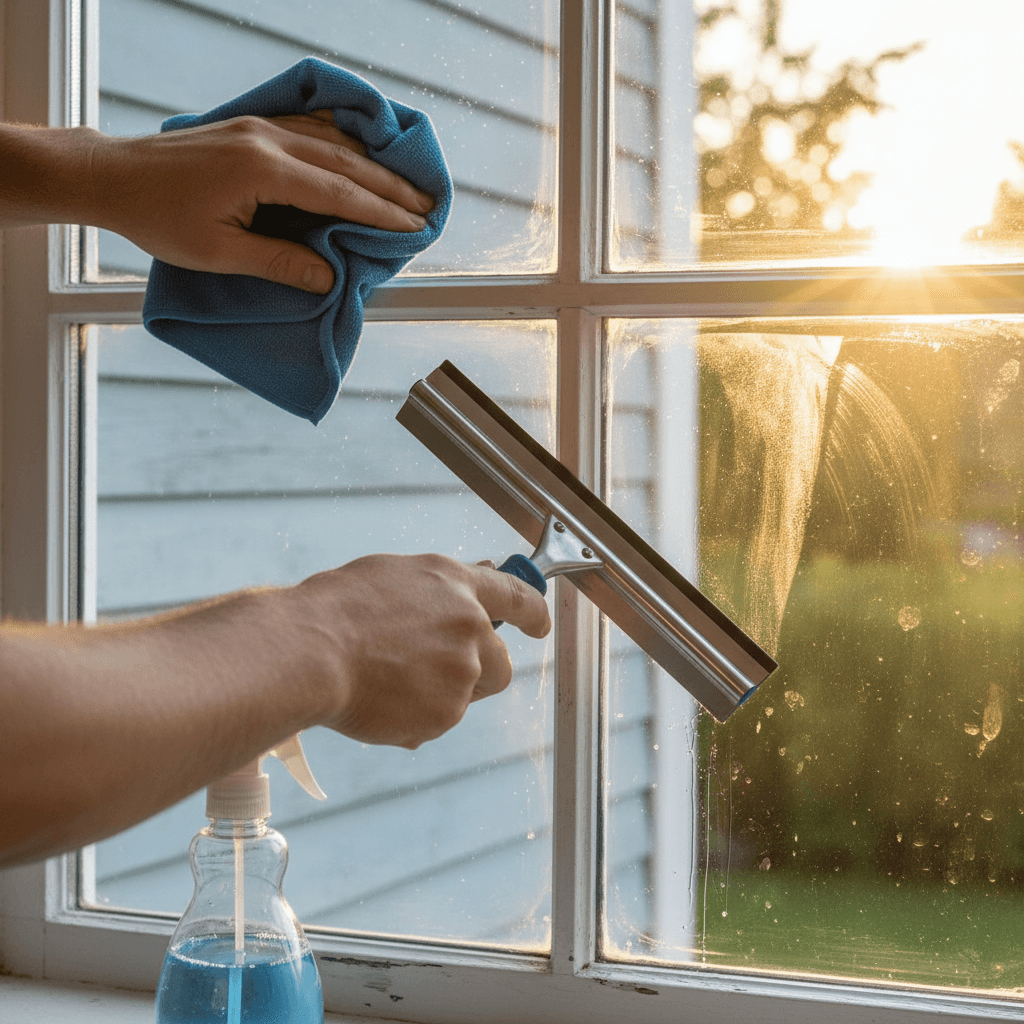 Homeowner looking at clean window through reflection satisfied with professional service
