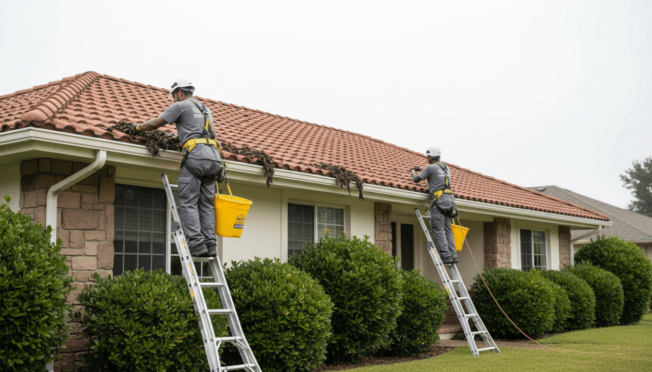 Two gutter maintenance workers on ladders cleaning debris from residential home's roofline, performing systematic exterior property maintenance
