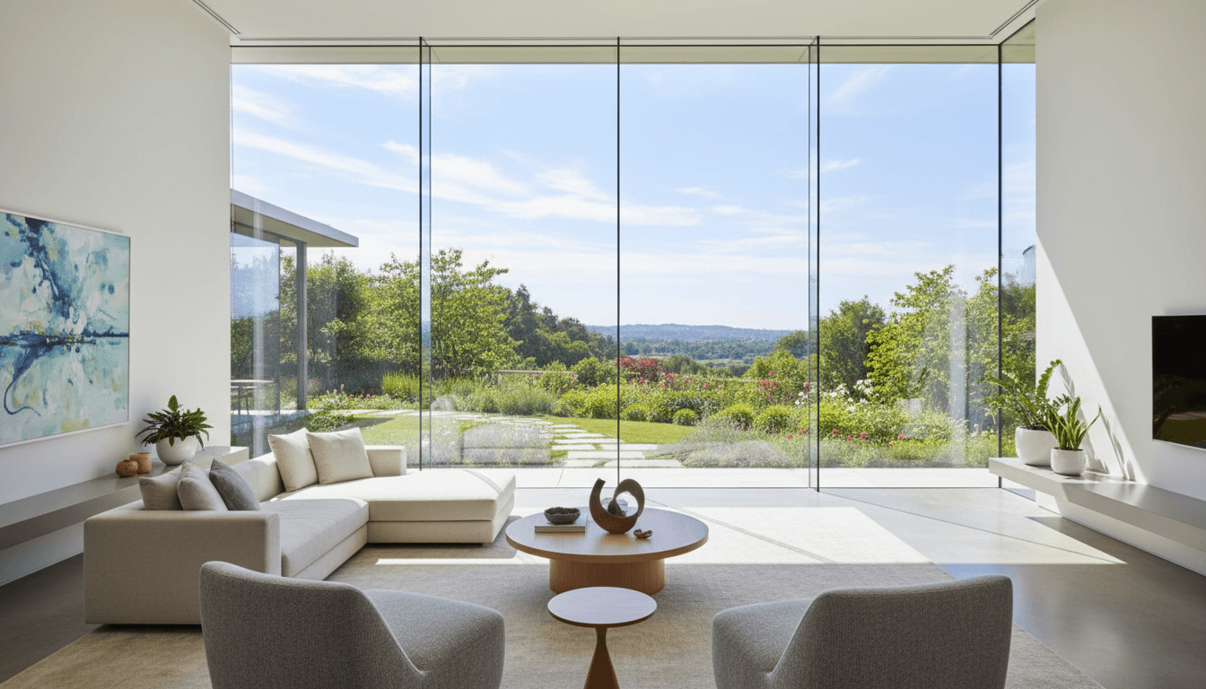 Clean sparkling window revealing green backyard trees through glass from inside home