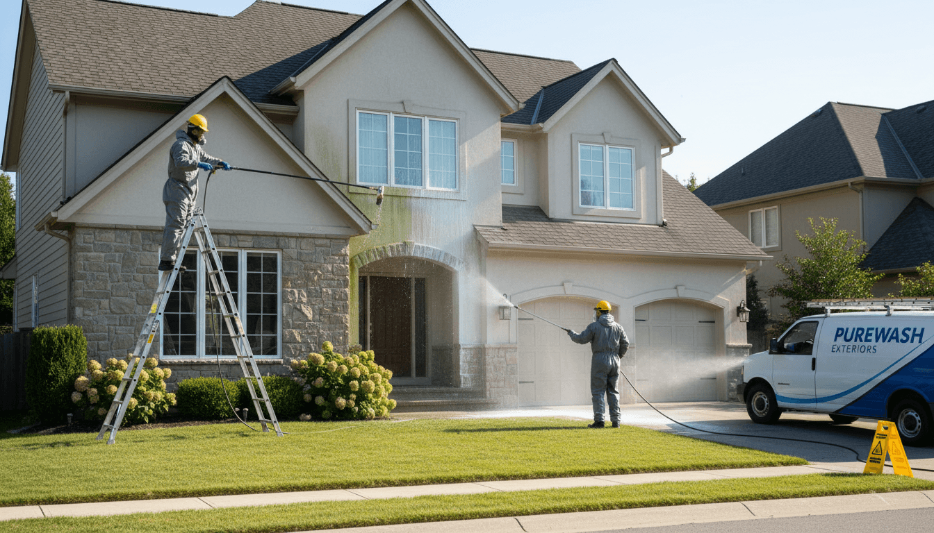Professional exterior cleaners using water-fed pole and soft wash equipment on residential home facade with natural sunlight highlighting cleaned surfaces