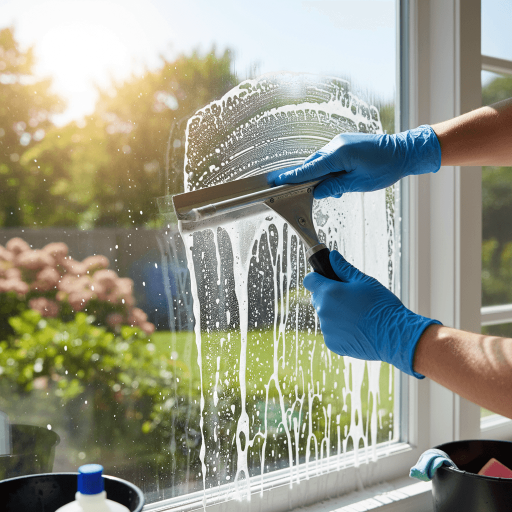 professional window cleaner washing storefront glass in daylight