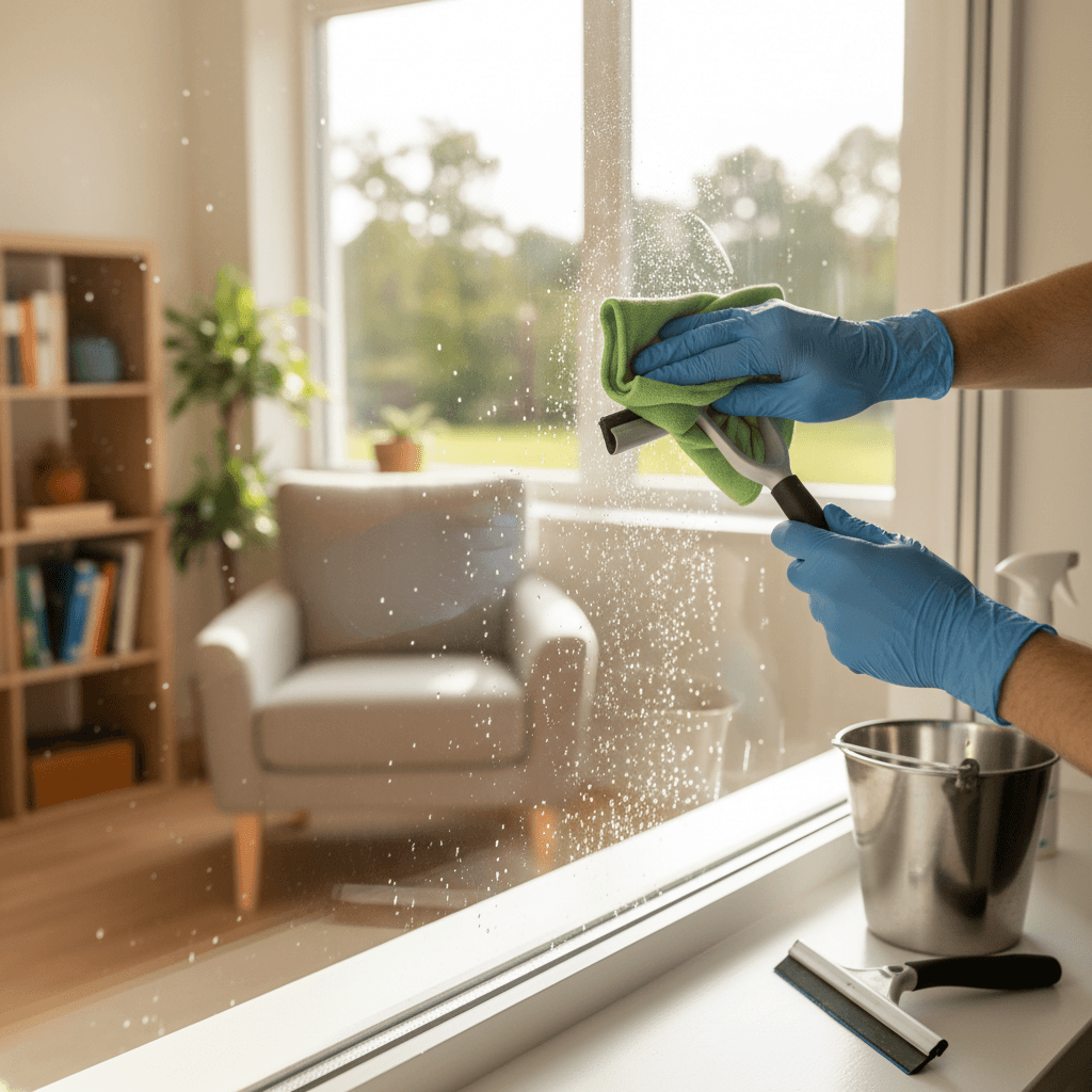 Window cleaner at work on a house in Edmond