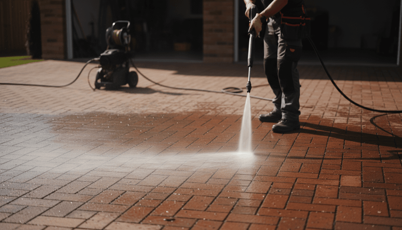 Professional operator using pressure washer on brick driveway, water spray creating dramatic arc with visible debris removal