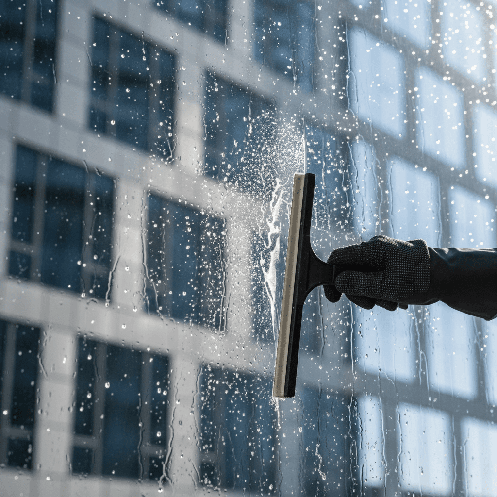 professional window cleaner at work on a commercial building