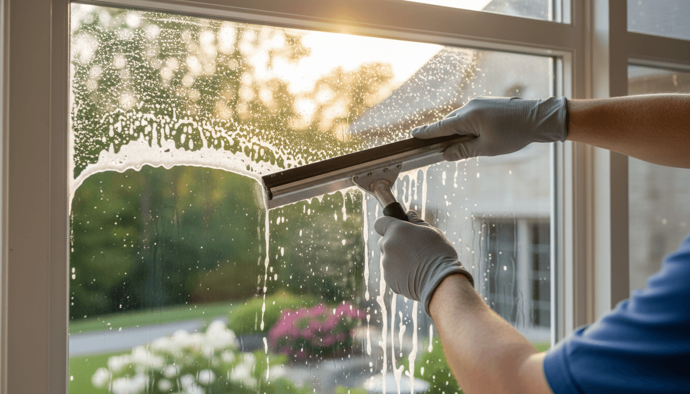 Window cleaner working on a residential window in Edmond