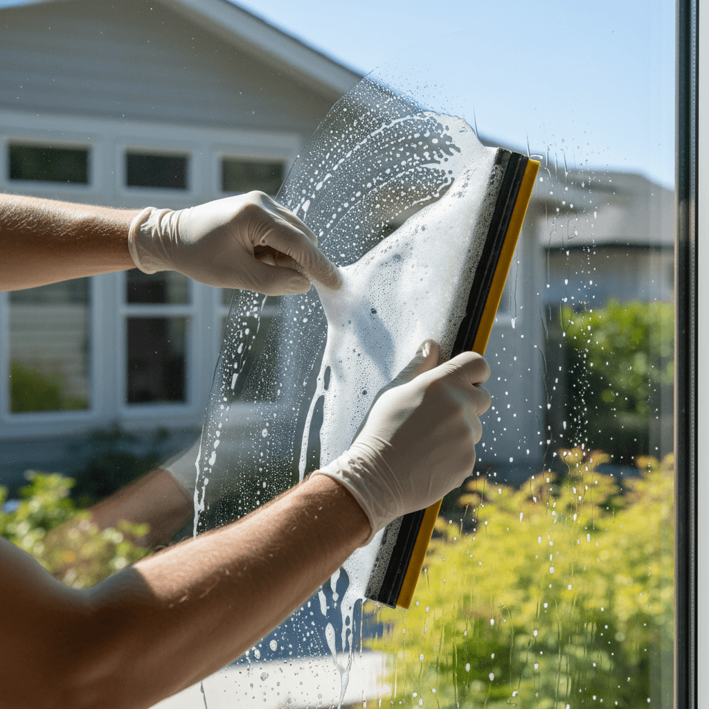 Window cleaning squeegee on glass