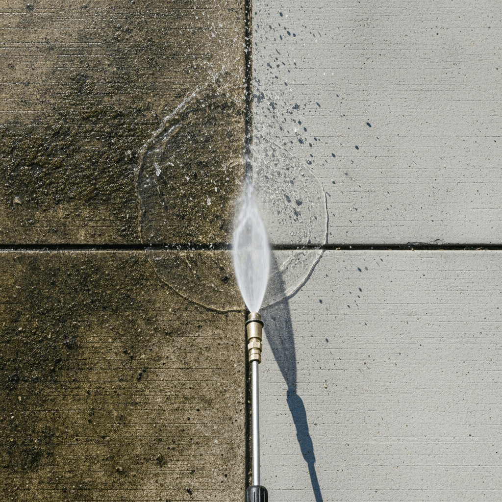 Overhead view of pressure washer nozzle cleaning weathered concrete driveway, showing dramatic before-and-after transformation with water spray