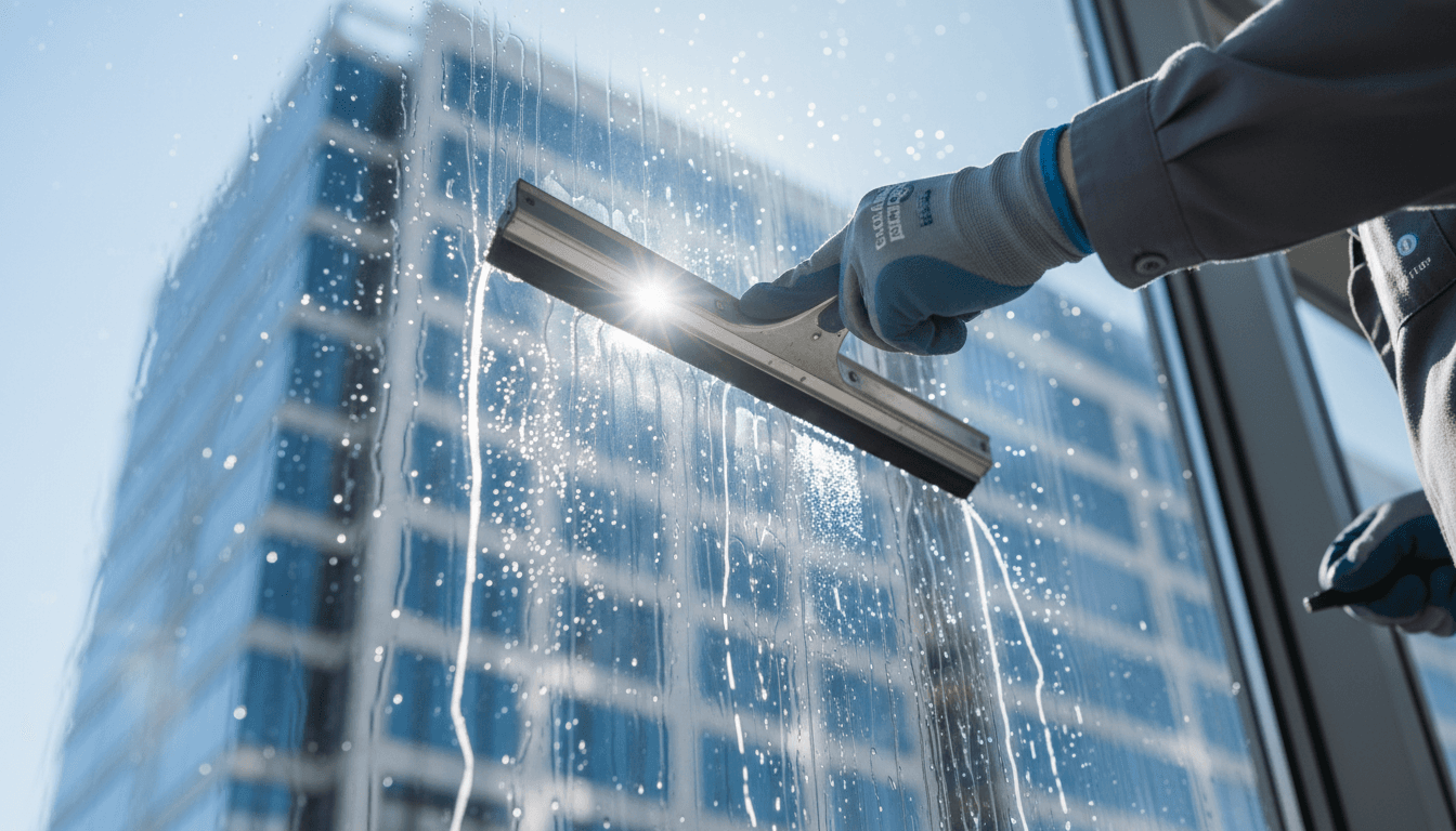 Professional window cleaner using squeegee to clean large commercial glass panel with water cascading down surface in bright daylight